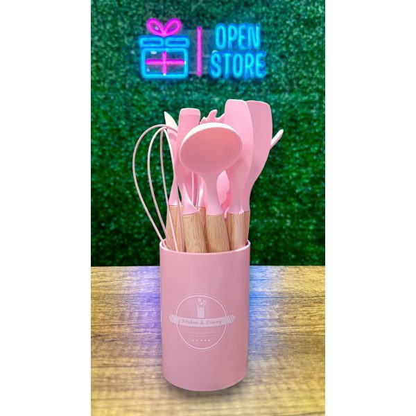 SET UTENSILIOS SILICONA MANGO MADERA X 11 + CONTENEDOR - Imagen 5
