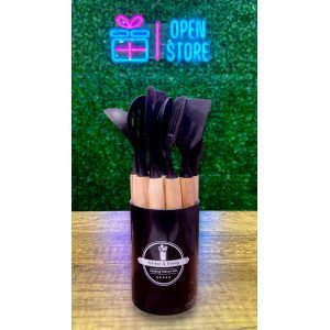 SET UTENSILIOS SILICONA MANGO MADERA X 11 + CONTENEDOR