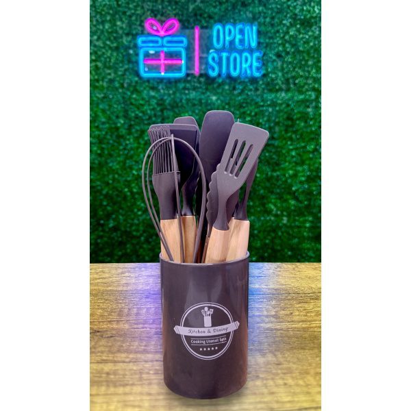 SET UTENSILIOS SILICONA MANGO MADERA X 11 + CONTENEDOR - Imagen 7