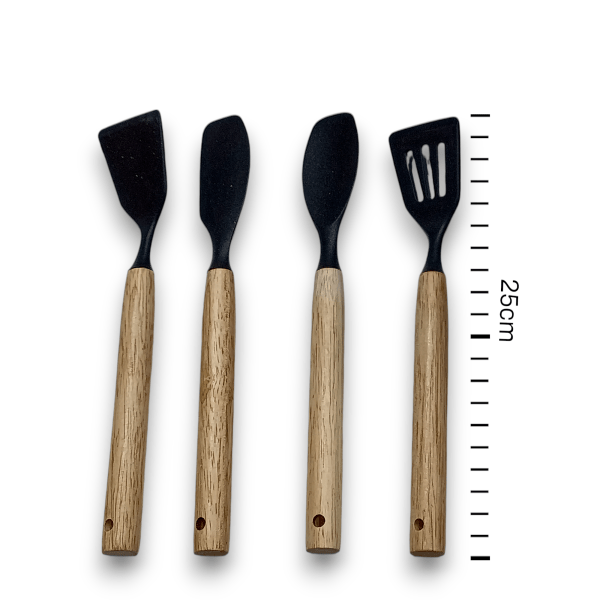 SET UTENSILIOS SILICONA MANGO MADERA X 11 + CONTENEDOR - Imagen 2