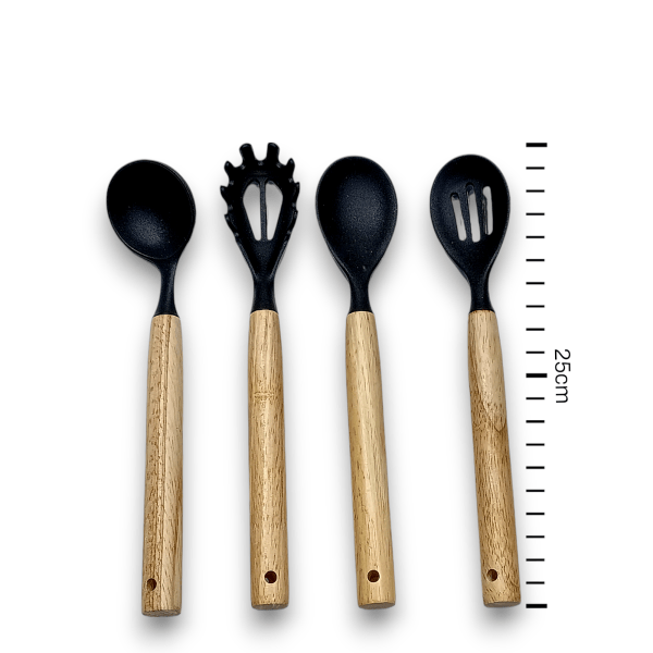 SET UTENSILIOS SILICONA MANGO MADERA X 11 + CONTENEDOR - Imagen 3