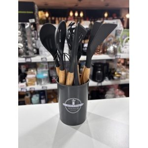 SET UTENSILIOS SILICONA MANGO MADERA X 11 + CONTENEDOR