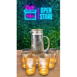 JARRA DE VIDRIO + 6 VASOS LABRADOS AMBAR