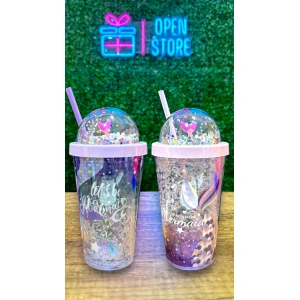 VASO ACRILICO GEL CON COLA SIRENA 3D Y PELOTITAS