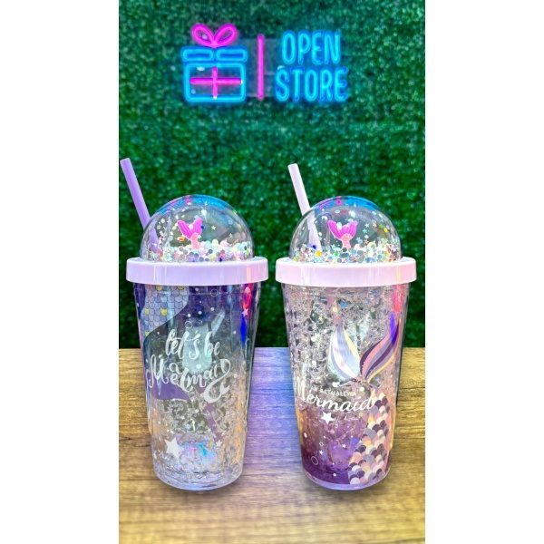 VASO ACRILICO GEL CON COLA SIRENA 3D Y PELOTITAS