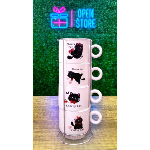 TAZAS APILABLES X4 CON SOPORTE GATITOS