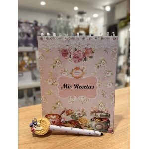 ANOTADOR DE RECETAS + LAPICERA DECORADA CORAZONADAS