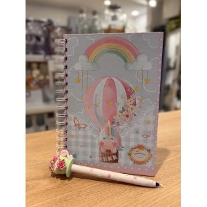 CUADERNO A5 TAPA DURA + LAPICERA DECORADA CORAZONADAS