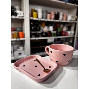 SET CORAZONES NEGROS (TAZON+PLATO TOSTADA+CUCHARA)