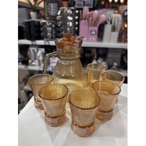 JARRA DE VIDRIO + 6 VASOS LABRADOS AMBAR