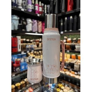 SET TERMO ACERO 1.2L + MATE DE ACERO STITCH ROSA