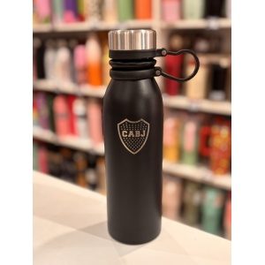 BOTELLA ACERO 500ML CON TAPA A ROSCA NEGRA Y ESCUDOS DE FUTBOL